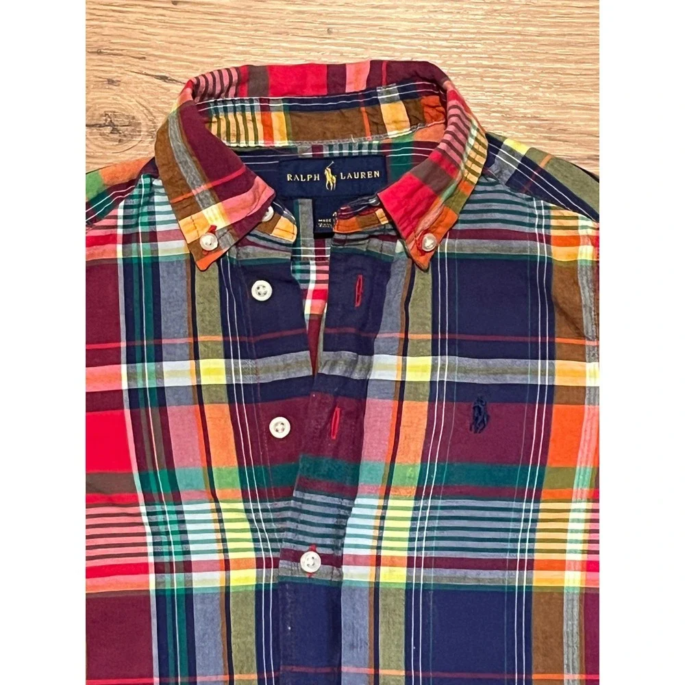 Ralph Lauren Plaid Shirt Kids Size 4 Multi Color Button Down Short Sleeve Madras